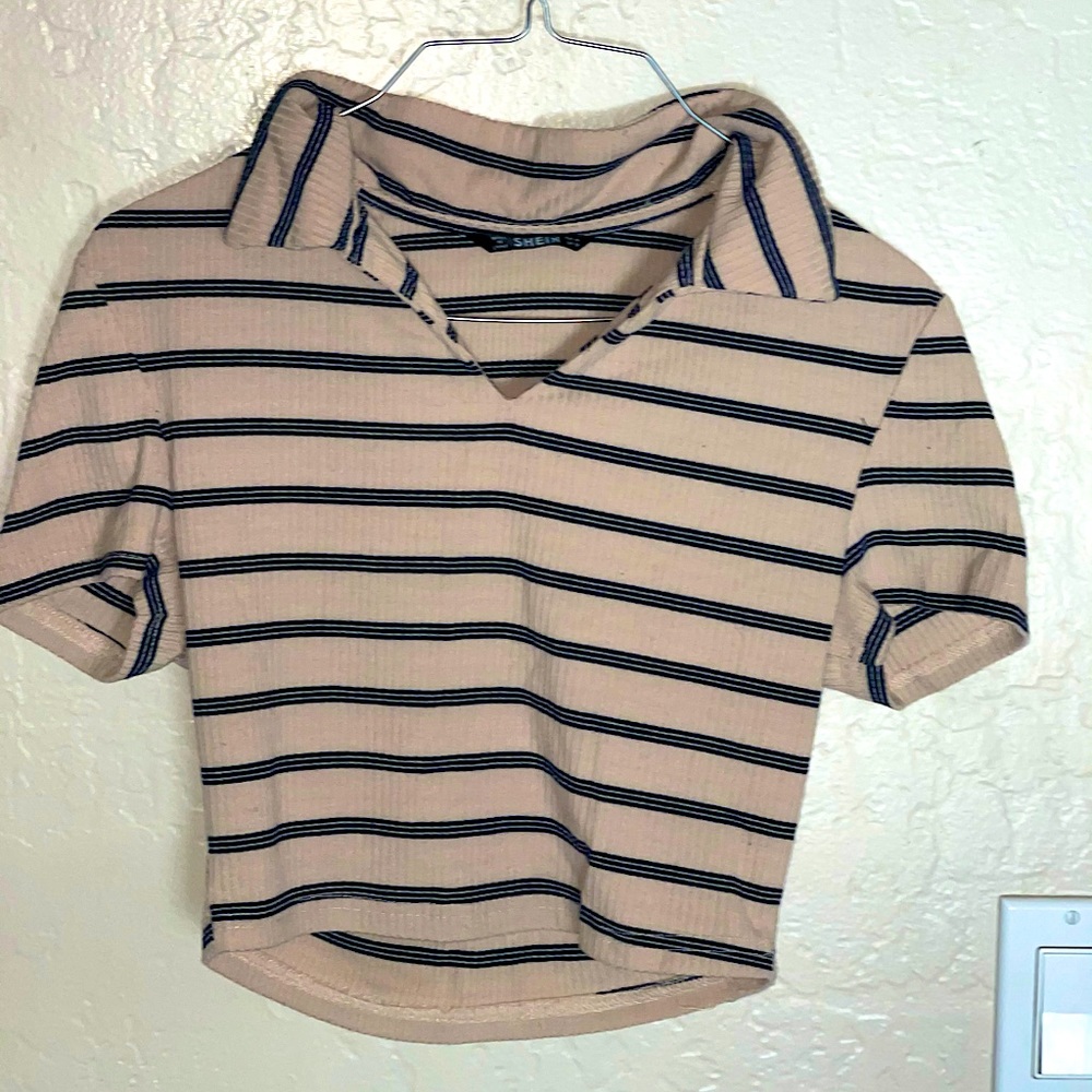 Stripped black and tan, collared crop top from SHEIN. Size medium.